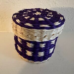 Miniature Basket Round Lidded~ Sweatgrass~ Origin Unknown~ Purple Accents.